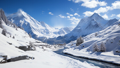 Fototapeta na wymiar Majestic mountain range, tranquil scene, frozen beauty in nature generated by AI