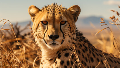 Majestic cheetah, spotted in African savannah, embodies natural beauty generated by AI