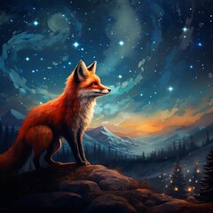 Magical landscape with fox and outer space. Mystical starry sky. - obrazy, fototapety, plakaty