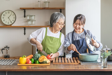 家のキッチンで一緒に料理・家事・自炊をする笑顔のアジア人高齢者女性と若い女性(家政婦・家事代行)