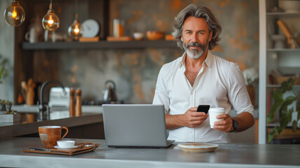 Fototapeta premium Mature man working from home on laptop, standing by kitchen island, with cup of coffee, holding smartphone.