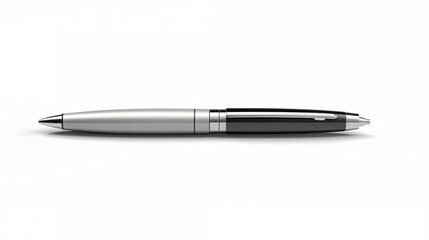 An elegant metallic silver and black ballpoint pen with a pocket clip