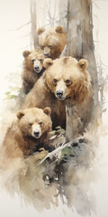 Watercolor painting of a brown bear family playing