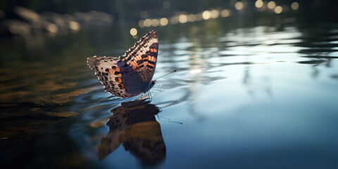A butterfly is sitting on the water surface - obrazy, fototapety, plakaty