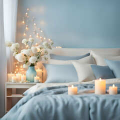 pastel blue bedroom with flowers and candles 