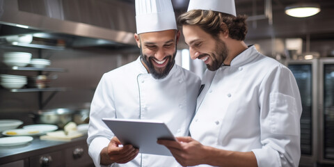 Fototapeta na wymiar Two Professional Chefs Sharing a Joyful Moment While Reviewing a Recipe on a Tablet in a Commercial Kitchen, Culinary Collaboration Concept
