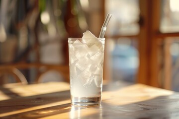 Coconut water in a long, clear glass and ice. Inserted with a straw Placed on a wooden table Bokeh background