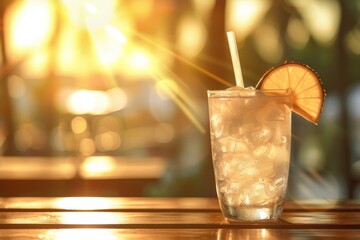 Coconut water in a long, clear glass and ice. Inserted with a straw Placed on a wooden table Bokeh background