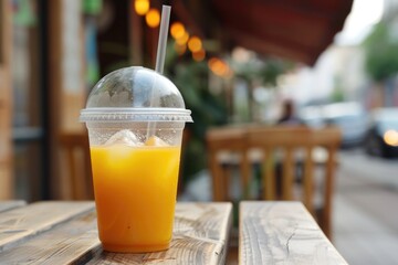 Orange juice in a clear plastic cup and ice with a round dome lid. Inserted with a straw
