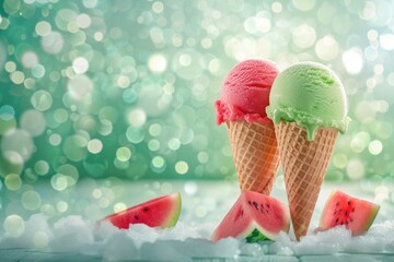 Watermelon ice cream advertising template of red and green watermelon fruit flavored ice cream cones