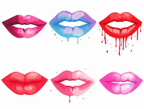 Doodle red lips collection Illustration of sexy woman's lips expressing different emotions, such as smile, kiss, half-open mouth, biting lip, lip licking, tongue out. Isolated on white.