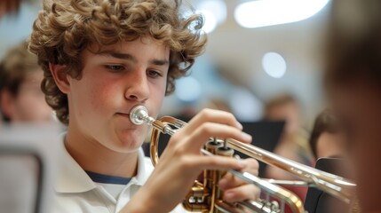 Young musician playing the trumpet, concept of concert band as an extracurricular activity
