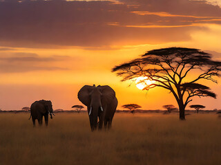 elephants at sunset in continent