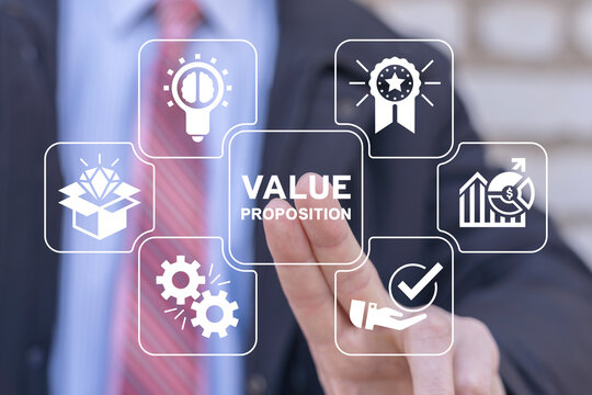 Businessman using virtual interface sees inscription: VALUE PROPOSITION. Concept of value proposition in futuristic virtual style.