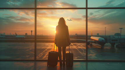  business woman with luggage at an airport window with in the background a flying airplane, silhouette of a woman by the window of a airport terminal - obrazy, fototapety, plakaty