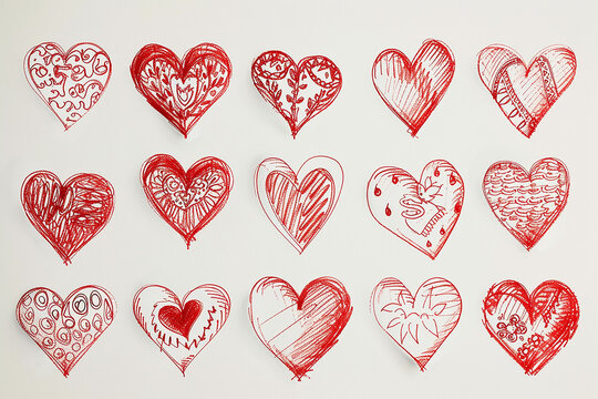 Set collection of doodle sketch hearts and love with hand drawn illustration, isolated white background