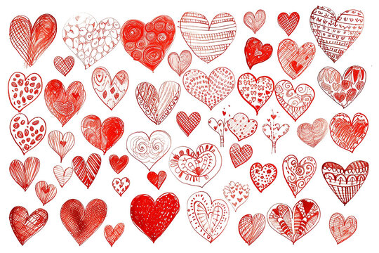 Set collection of doodle sketch hearts and love with hand drawn illustration, isolated white background