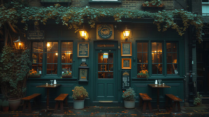 the front side of a traditional green old Pub, London UK, green pub outside in the evening, British pub in the evening at dusk - obrazy, fototapety, plakaty