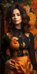 In front of a vibrant marigold background, a stunning model radiates confidence and elegance, her poised presence and impeccable styling adding a touch of sunshine to the scene