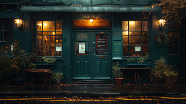 the front side of a traditional green old Pub, London UK, green pub outside in the evening, British pub street local life