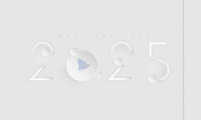 happy new year 2025 landscape template for celebration card, banner etc, isolated in grey with play button concept