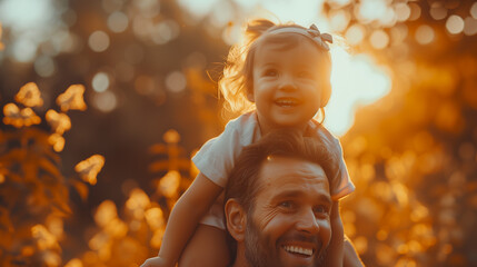 Family, dad and daughter on shoulders in the park, happiness or love in the summer sunshine., baby girl or laugh together for freedom, bond or holding hands for care, backyard or garden at sunset - obrazy, fototapety, plakaty