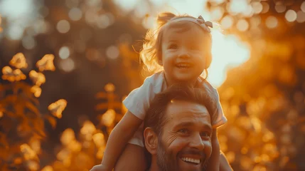 Tuinposter Family, dad and daughter on shoulders in the park, happiness or love in the summer sunshine., baby girl or laugh together for freedom, bond or holding hands for care, backyard or garden at sunset © Fokke Baarssen