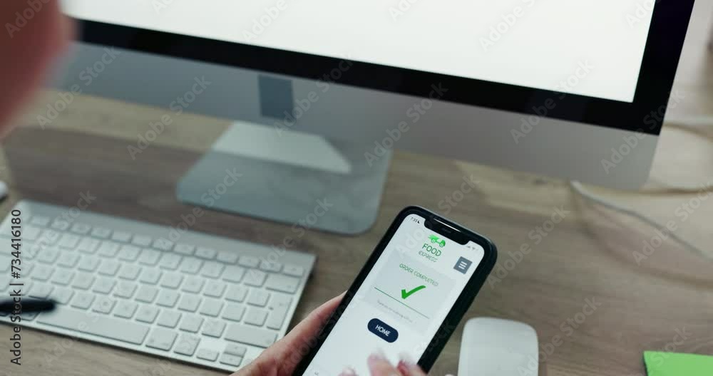 Poster Hands, woman and cellphone with food order and delivery with ecommerce and takeout menu. Person, employee and accountant with a smartphone and payment with digital app and screen with transactions