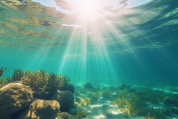 Fototapeta na wymiar Beautiful summer nature scene with underwater view of turquoise ocean and sunlight. Generative AI
