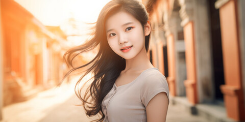 a girl is smiling in front of a cobbled sidewalk, generative AI