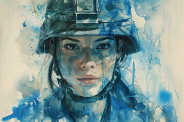 Army woman in blue watercolor, concept: proud, independence, peace