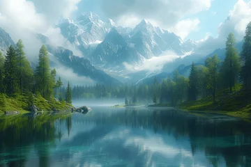 Zelfklevend Fotobehang Reflectie Serene mountain landscape reflecting in a tranquil lake, capturing the beauty of nature. Generative Ai.