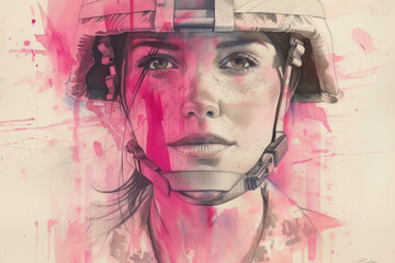 Army woman in pink splash watercolor, concept: proud, independence, peace