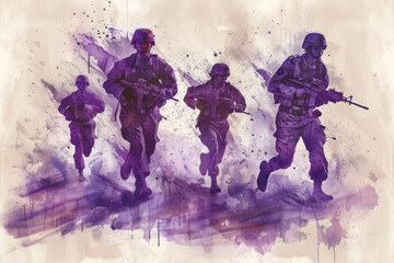 Army woman run in purple splash watercolor, concept: independence, peace