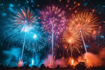 Spectacular fireworks display illuminating the night sky, capturing the excitement of celebrations. Generative Ai.