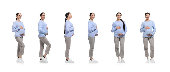 Pregnant woman on white background, collection of photos