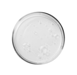 Petri dish with liquid sample isolated on white, top view