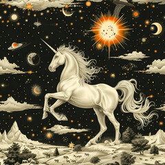 Obraz premium Unicorn in the universe, white black gold, seamless tile, ai generated