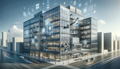 Cutting-edge smart building facade with integrated automation and digital disintegration.