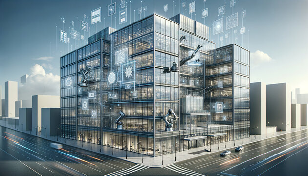 Cutting-edge smart building facade with integrated automation and digital disintegration.
