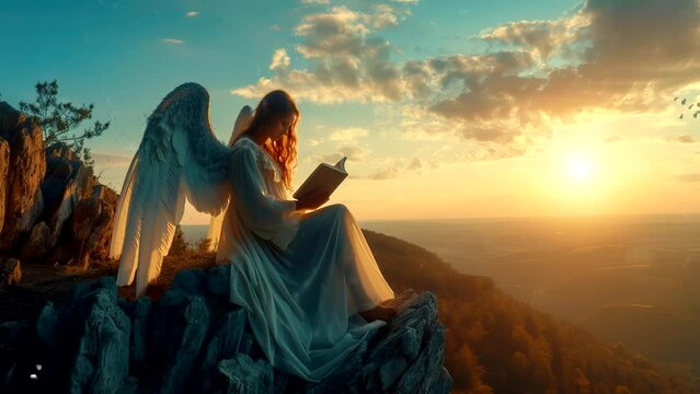 winged angel sitting and reading the bible in the afternoon. Seamless looping time-lapse virtual 4k video animation background
