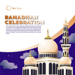 Greetings Marhaban ya Ramadhan with writing. ied Mubarak, Elegant blue background template