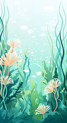 Fototapeta na wymiar A picturesque oceanic scene adorned with vibrant coral plants, set against a backdrop of gently floating water bubbles, creating a tranquil and mesmerizing underwater ambiance.