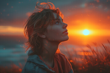 A candid shot of a person lost in thought while gazing at a sunset, reflecting the authentic...