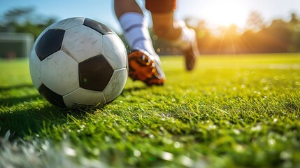 Fototapeta premium Close-up of a Leg in a Boot Kicking Football Ball. Professional Soccer Player Hits Ball