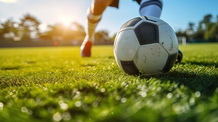 Fototapeta premium Close-up of a Leg in a Boot Kicking Football Ball. Professional Soccer Player Hits Ball