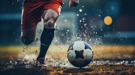 Close-up of a Leg in a Boot Kicking Football Ball. Professional Soccer Player Hits Ball