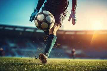 Naklejka premium Close-up of a Leg in a Boot Kicking Football Ball. Professional Soccer Player Hits Ball