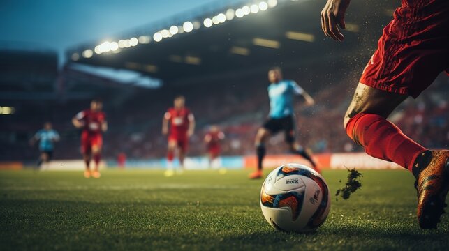 Close-up of a Leg in a Boot Kicking Football Ball. Professional Soccer Player Hits Ball