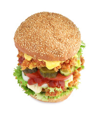 Delicious burger with crispy chicken patty isolated on white